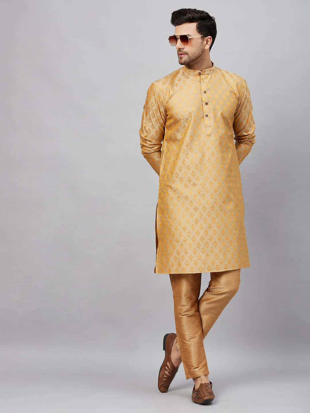 Vastramay Men's Beige and Rose Gold Kurta Set