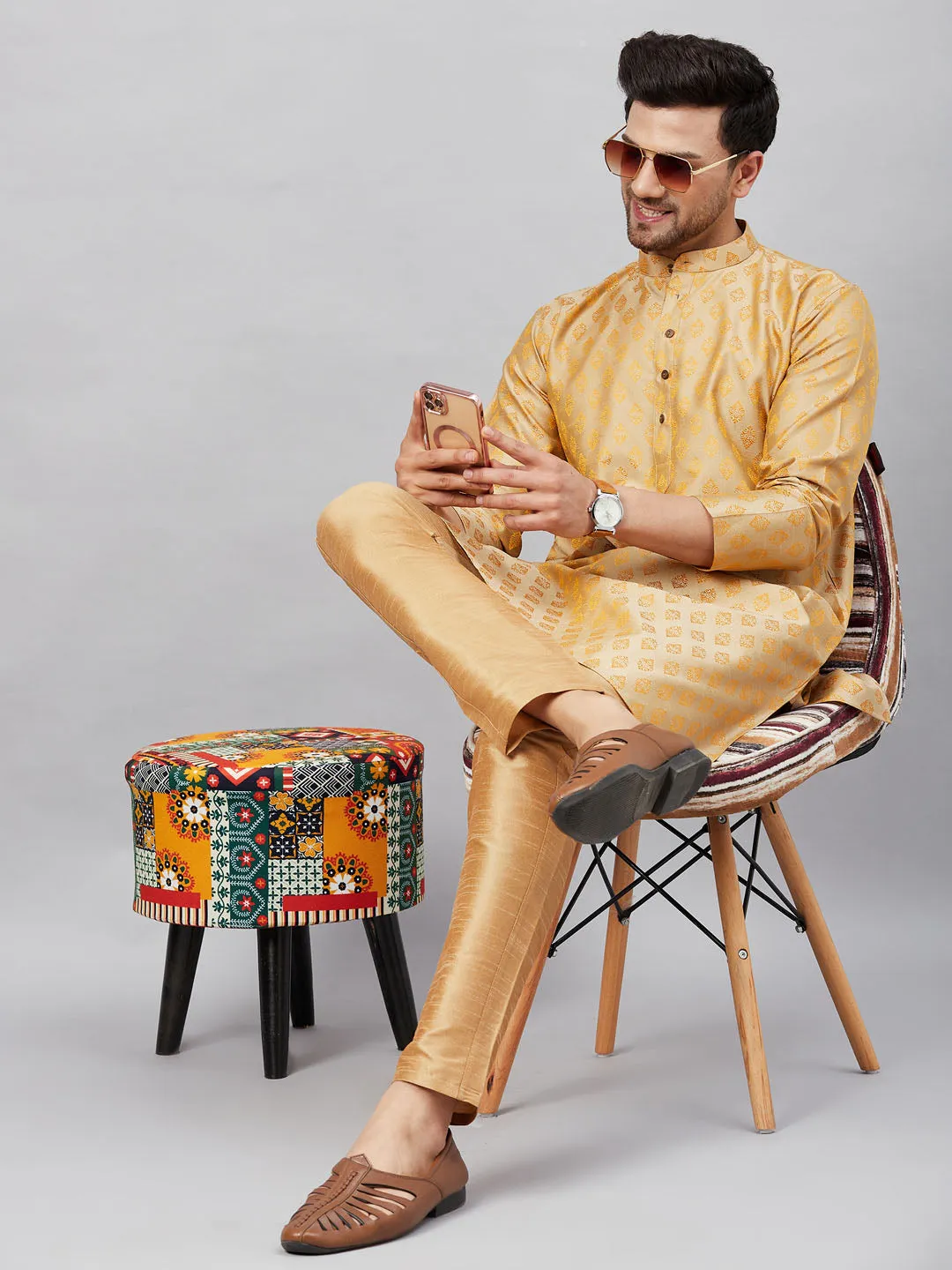 Vastramay Men's Beige and Rose Gold Kurta Set