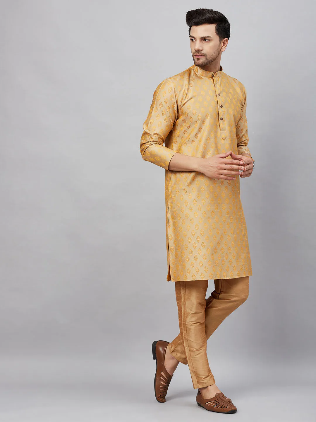 Vastramay Men's Beige and Rose Gold Kurta Set