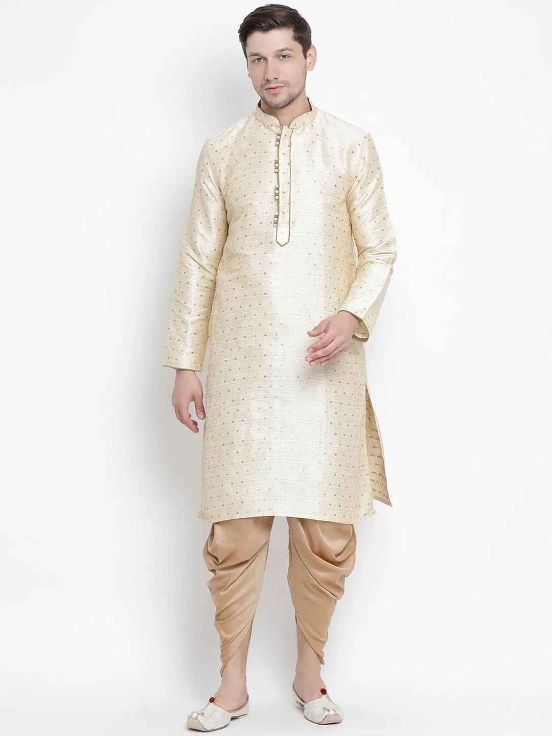 VASTRAMAY Men's Beige Gold Kurta Dhoti