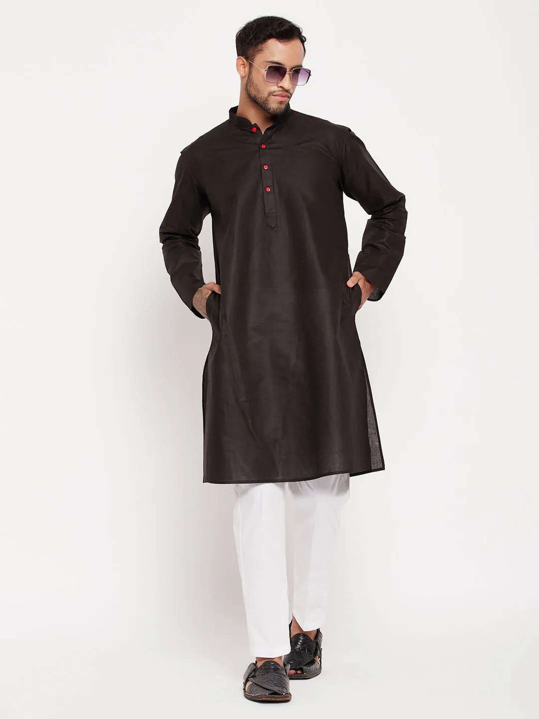 VASTRAMAY Men's Black Kurta and White Pyjama