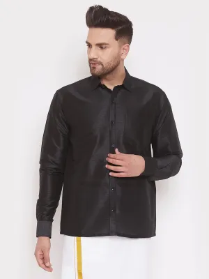 VASTRAMAY Men's Black Silk Ethnic Shirt