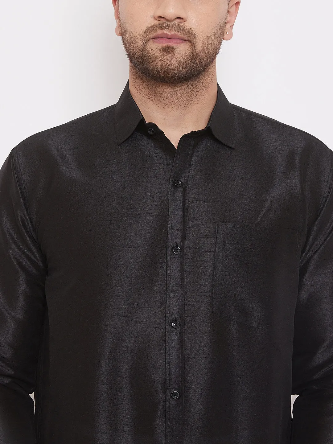 VASTRAMAY Men's Black Silk Ethnic Shirt