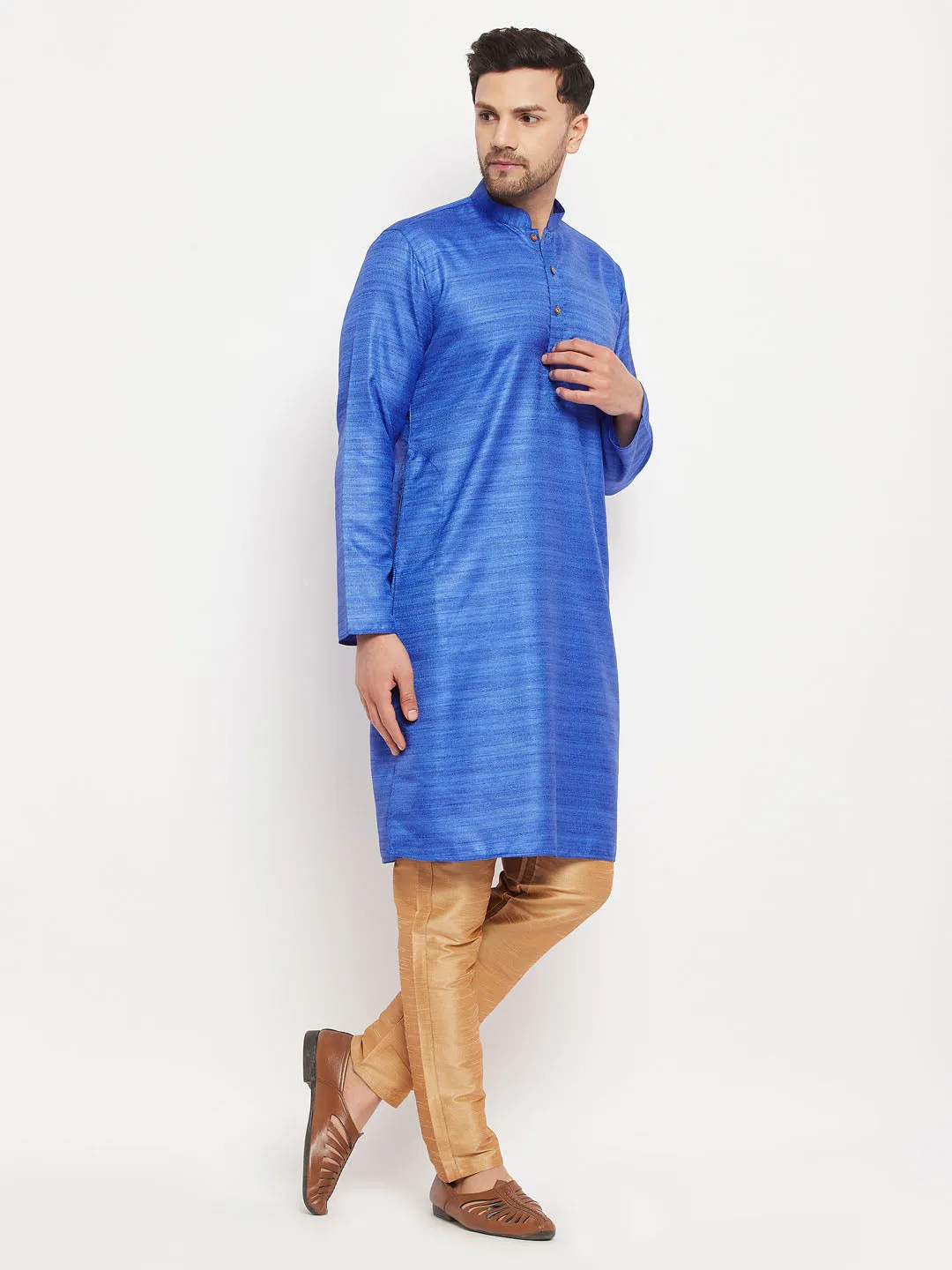 VASTRAMAY Men's Blue Silk Kurta Set