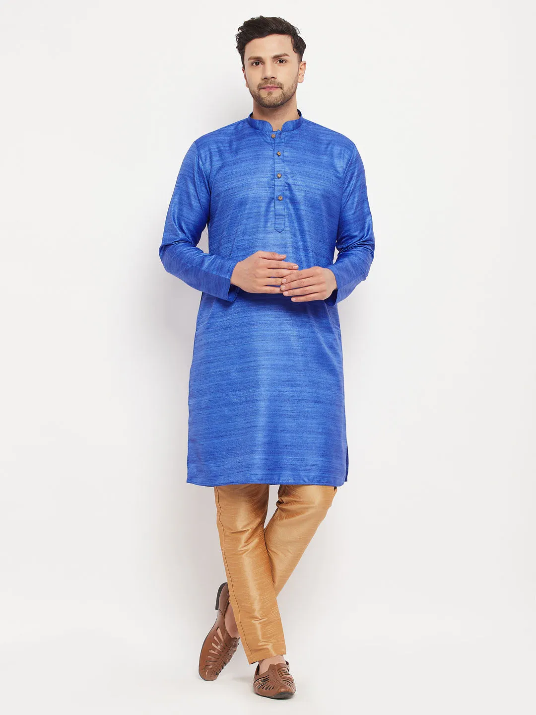 VASTRAMAY Men's Blue Silk Kurta Set