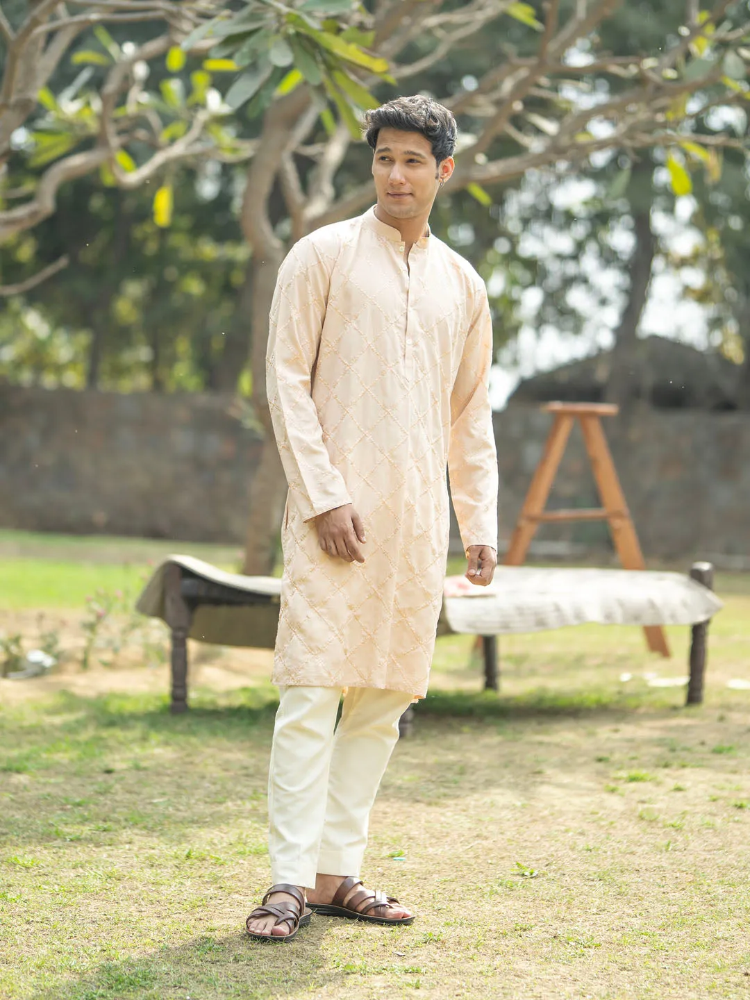 VASTRAMAY Men's Embroidered Peach Kurta Set