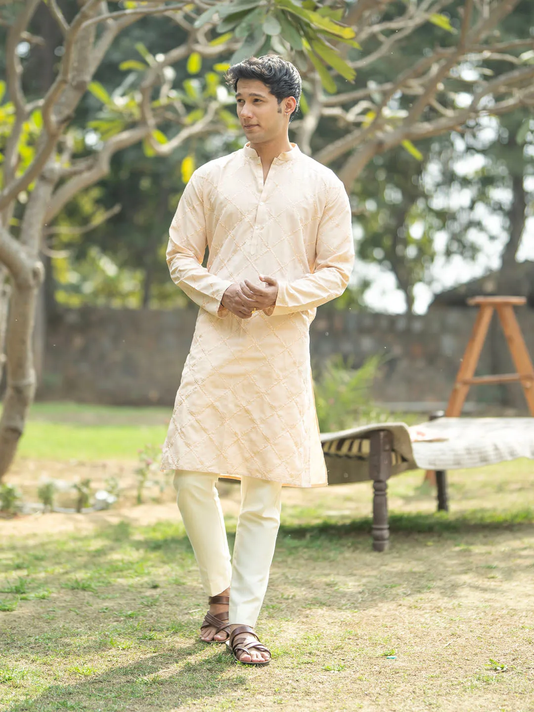 VASTRAMAY Men's Embroidered Peach Kurta Set