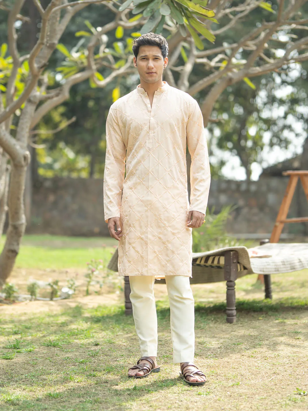 VASTRAMAY Men's Embroidered Peach Kurta Set