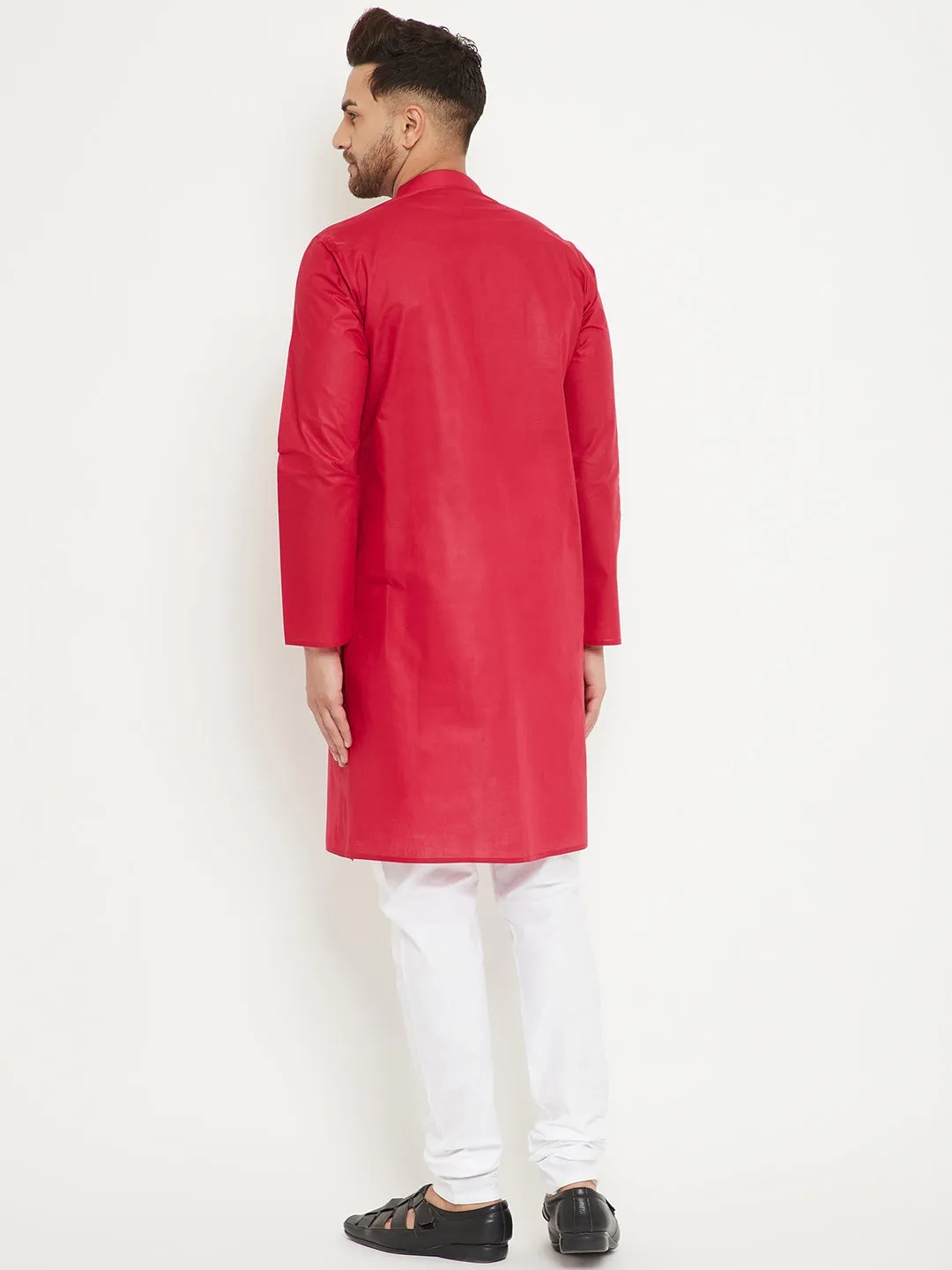 VASTRAMAY Men's Red & White Kurta Churidar