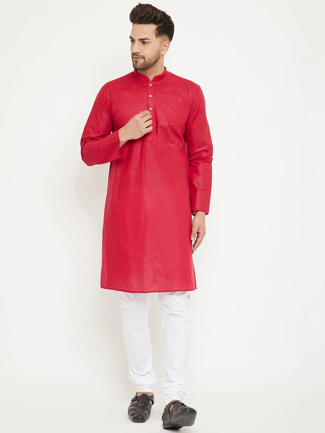 VASTRAMAY Men's Red & White Kurta Churidar