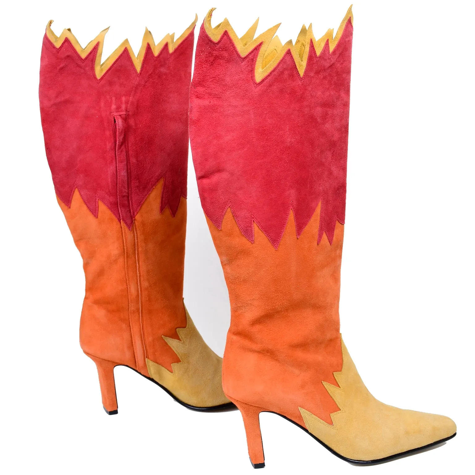 Vintage Unworn Suede Flame Boots in Orange Red & Yellow 8.5