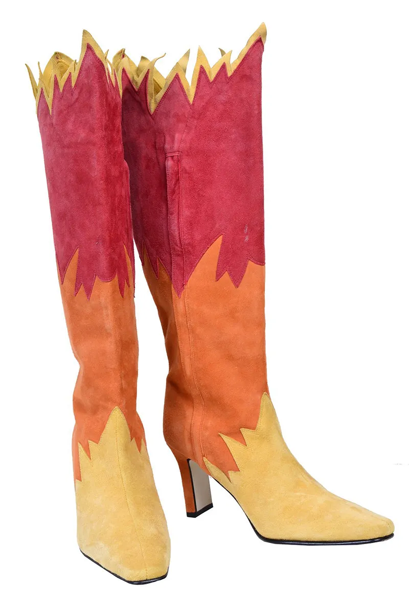 Vintage Unworn Suede Flame Boots in Orange Red & Yellow 8.5