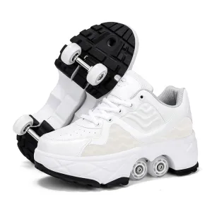 With Brakes Deformable Four-wheel Retractable Double-row Dual-purpose Roller Skates, Size: 35(DF08 White)