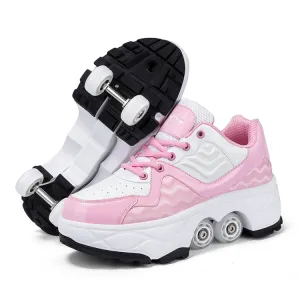 With Brakes Deformable Four-wheel Retractable Double-row Dual-purpose Roller Skates, Size: 36(DF08 Pink)