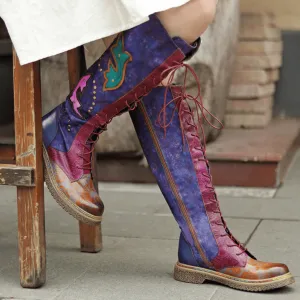 Womens Purple & Burgundy Patchwork Lace-Up Leather Cowboy Boot