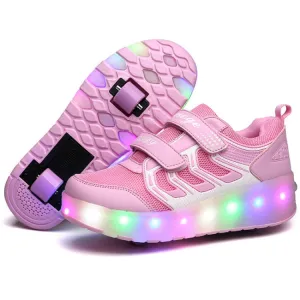 WS01 LED Light Ultra Light Mesh Surface Rechargeable Double Wheel Roller Skating Shoes Sport Shoes, Size : 28(Pink)