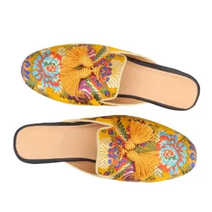 Yellow Floral Tassels Mules Shoes